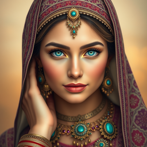 Create a portrait of a beautiful Persian woman with striking cyan eyes and a gentle expression. She is adorned in traditional attire with intricate patterns, including a richly embroidered headscarf and matching garments. Her jewelry includes a delicate headpiece, dangling earrings, and ornate bracelets, all featuring vibrant gemstones and detailed metalwork. The background is soft and warm, enhancing the rich colors of her outfit and jewelry.