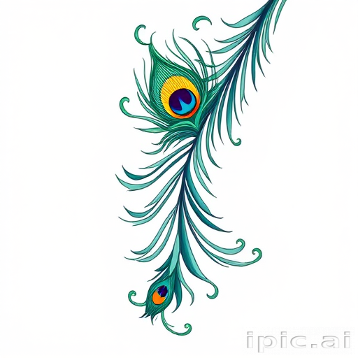 Art nouveau-inspired peacock feather design trailing down spine, flowing curves and elegant lines in teal, emerald, and gold ink