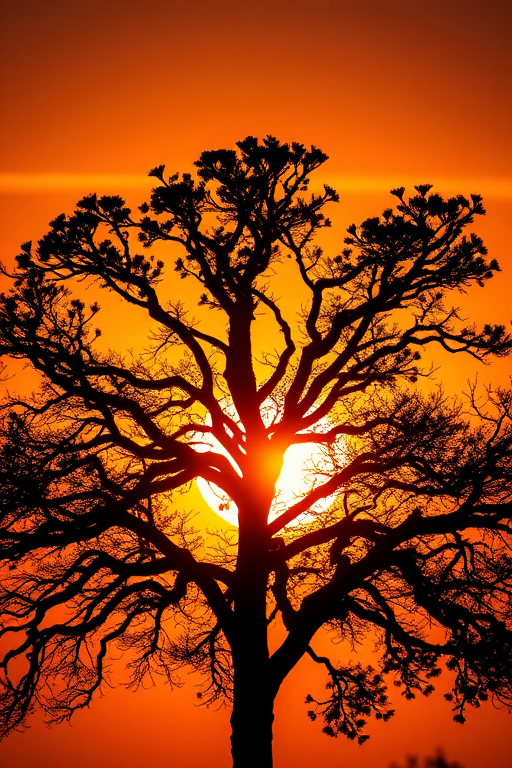 Create a high-resolution image of a silhouette of a tree on a sunset background, using a Canon EOS 5D Mark IV, f/8 aperture, 1/125 sec shutter speed, ISO 100, captured from a low angle with a wide-angle lens for a dramatic effect.