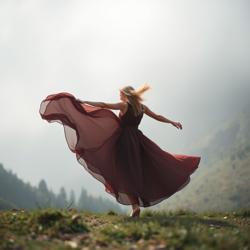 full body shot of a woman in a flowing dress twirling in a misty mountainous landscape, soft natural lighting, focal length 50mm, aperture f/1.8, ISO 200, shot with a DSLR camera from a low angle to capture movement and depth