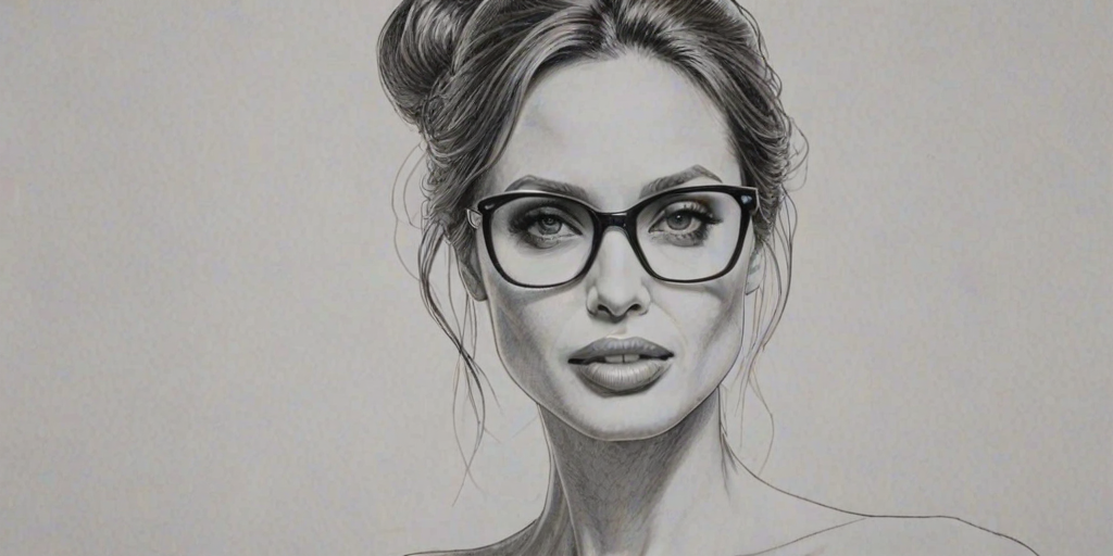 Stunning Angelina Jolie, pencil sketch, portrait of Fetching woman 1972s in glasses, hair style beatnik, outline, clear lines, fine lines, 8k