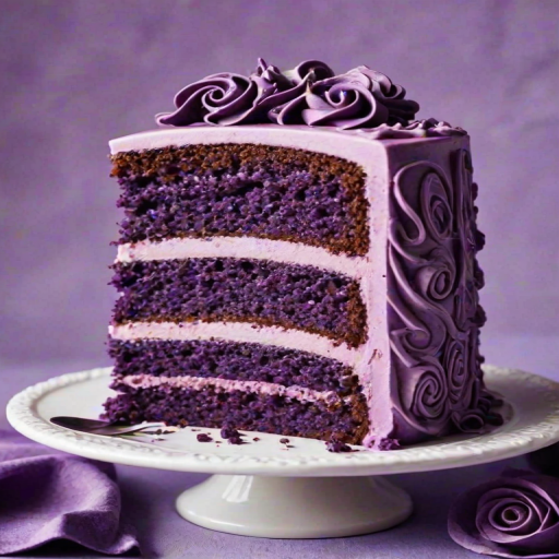 Create an image of a slice of cake with multiple layers in shades of purple. The cake should have a smooth finish and be decorated with swirls of purple frosting on top. The background should be light and simple to emphasize the cake.