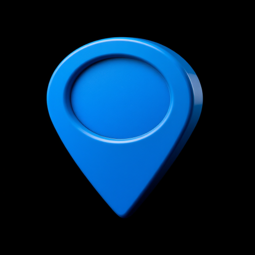 Create a high-resolution vector graphic of a blue map marker with a shiny surface on top, using a Canon EOS 5D Mark IV, aperture f/2.8, ISO 200, 50mm lens, in portrait orientation, with a clean black background.
