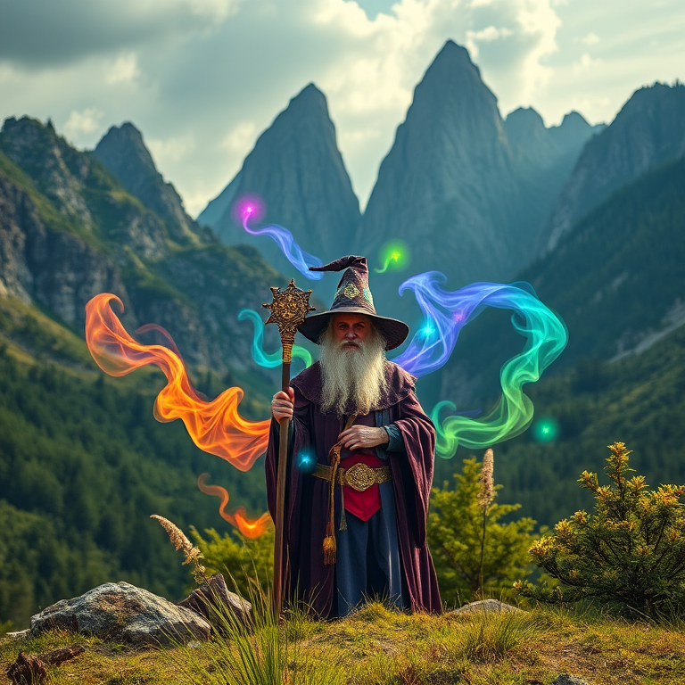 Create an enchanting landscape featuring a wizard with a staff, colorful magical aura swirling around, towering mountains and lush greenery in the background, captured with a Canon EOS R5, 35mm lens, f/2.8 aperture, 1/100s shutter speed, in vibrant colors and high dynamic range.