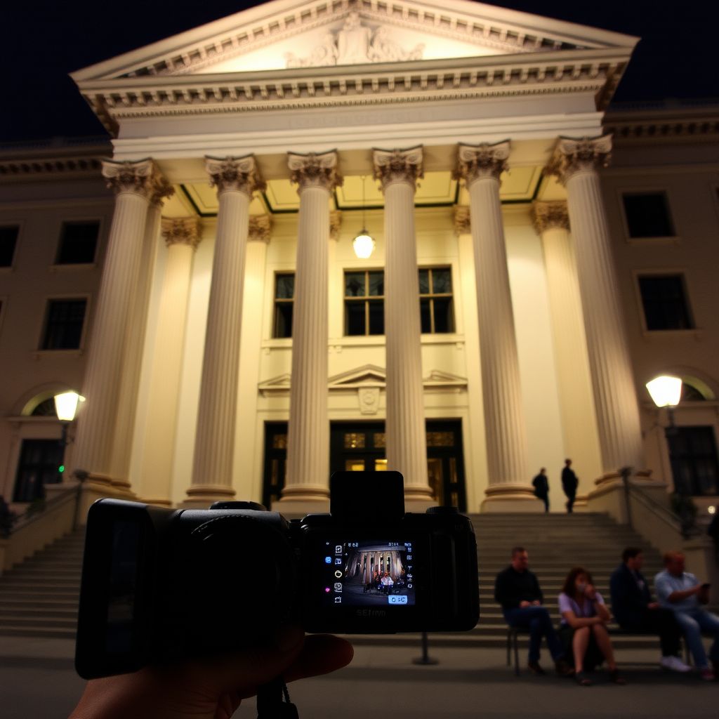 Capture the exterior of a grand building with tall columns at night, featuring people sitting and interacting, using a DSLR camera with a 50mm lens, aperture set to f/1.8 for a shallow depth of field, ISO 800, and a shutter speed of 1/60 seconds for optimal night exposure.