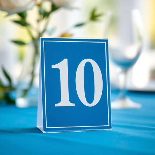 Create a close-up shot of a table number sign featuring the number 10 on a blue background, captured with a DSLR camera at f/1.8 aperture, ISO 200, shutter speed 1/60 sec, in natural light to enhance clarity and detail.