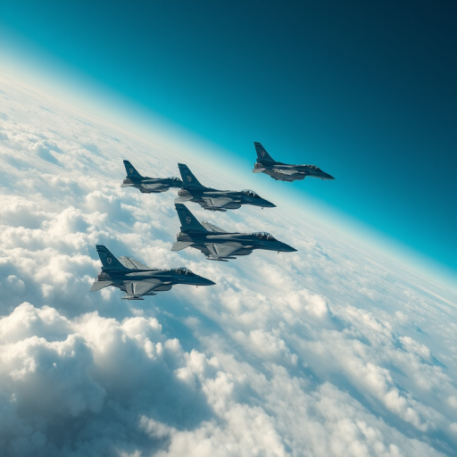 high-resolution aerial photograph of multiple fighter jets flying in formation above the clouds, captured with a DSLR camera at ISO 100, f/8 aperture, 1/1000 sec shutter speed, wide-angle lens at 24mm, clear blue sky with soft clouds for enhanced contrast and detail