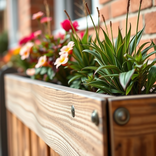 Generate a highly detailed image of a wooden planter box with decorative metal accents, shot with a DSLR camera at f/2.8 to create a shallow depth of field, using a 50mm lens to focus closely on the textures, soft natural lighting, and a 1/125 shutter speed for sharpness.