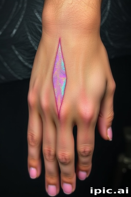 Holographic foil effect tattoo on the back of the hand, utilizing specialized ink and techniques to create a shimmering, color-shifting illusion that catches the light
