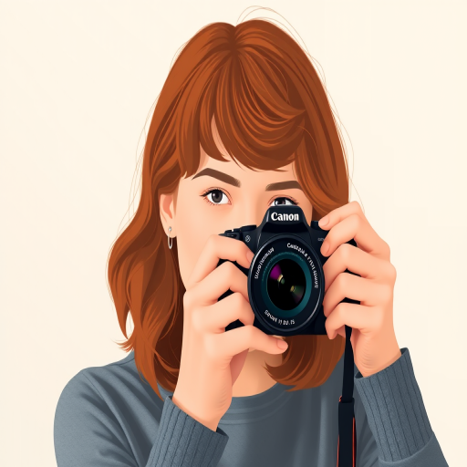 Create a flat design illustration of a person with shoulder-length, wavy, auburn hair wearing a gray shirt, using a DSLR camera with a 50mm lens in portrait mode, f/2.8 aperture, ISO 100, and natural lighting for enhanced clarity and contrast.
