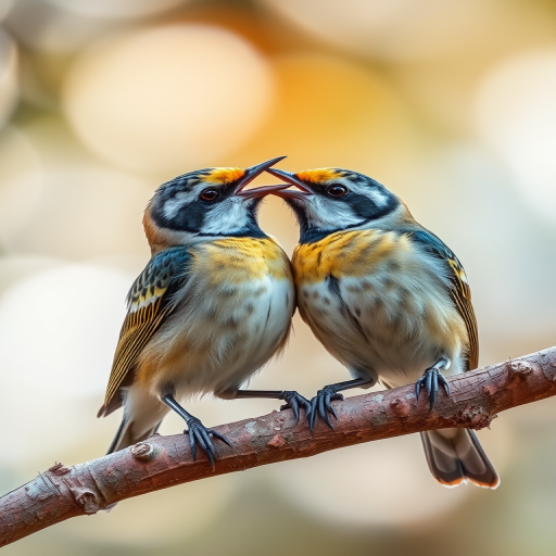 Capture a close-up shot of two birds feeding each other on a branch with a shallow depth of field, using a DSLR camera with a 100mm f/2.8 lens, aperture set to f/2.8, shutter speed 1/500s, ISO 400, in natural lighting to enhance details and bokeh effect.