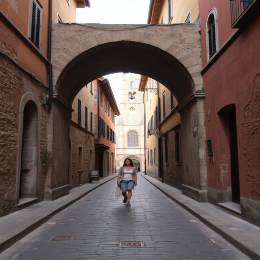 Old, cobbled street in a historic town, a woman walking under a stone archway, the sound of church bells ringing in the distance.
