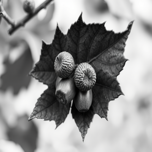 high-detail black and white illustration of a leaf with acorns on a transparent background, macro view, shot with a Canon EOS R5, aperture f/8, shutter speed 1/200s, ISO 100, focus on texture and detail
