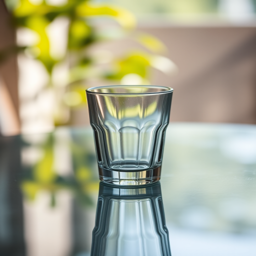 photograph a clear glass on a reflective surface with soft natural lighting, using a DSLR camera at f/2.8, ISO 100, 50mm focal length, close-up view, shallow depth of field, focus on the glass to enhance clarity and detail