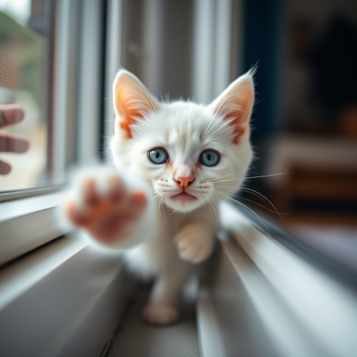 A close-up shot of a playful white kitten reaching towards the camera by a window, with soft natural lighting, aperture f/2.8, ISO 200, shutter speed 1/250s, using a DSLR camera with a 50mm lens, and a shallow depth of field for a blurred background.