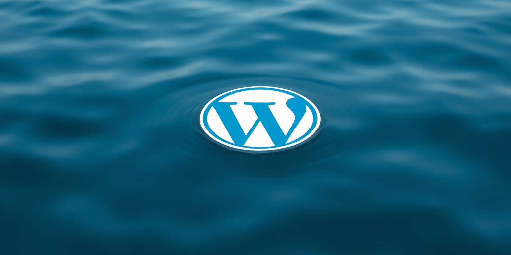Create a high-resolution image of a blue and white WordPress logo floating on calm water, shot with a Canon EOS R5 at f/2.8, shutter speed 1/200s, ISO 100, using a wide-angle lens from a low angle perspective to capture reflections and textures of the water surface.