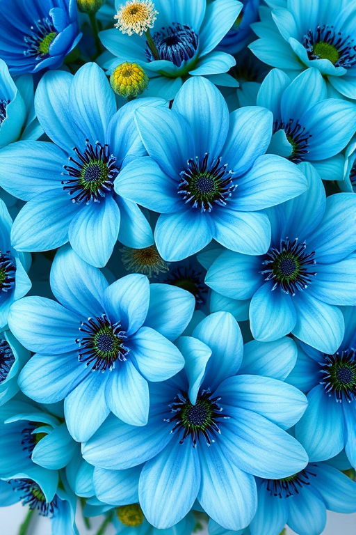 Create a vibrant floral arrangement featuring blue and turquoise flowers with intricate details and soft gradients, using a DSLR camera with a 50mm lens at f/2.8, shot from a top-down view, employing a shallow depth of field for enhanced clarity and aesthetic appeal.