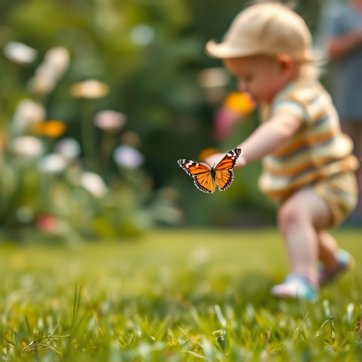 Blurry candid shot of a toddler chasing a butterfly through a garden, soft focus on the motion, distant flowers swaying gently in the breeze, and the sound of tiny footsteps on the grass.