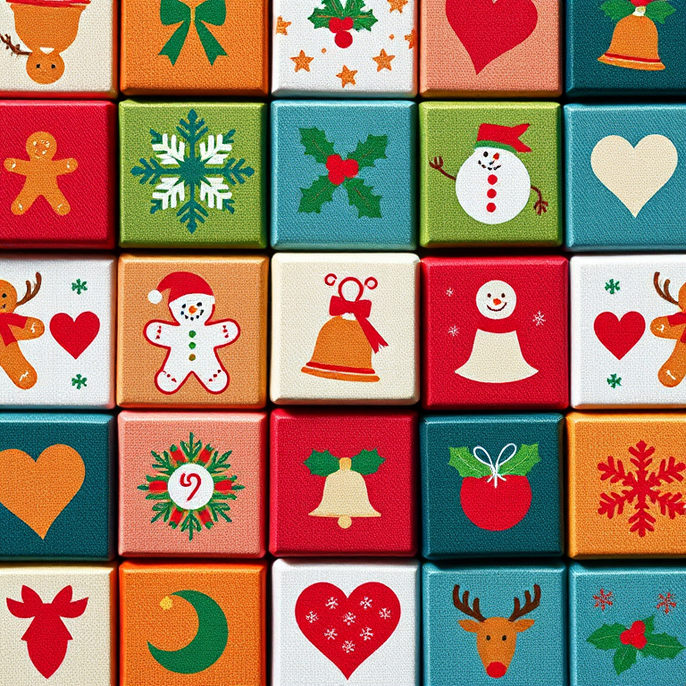 Create a high-resolution Christmas-themed textile pattern featuring colorful blocks with festive symbols like gingerbread men, snowmen, reindeer, bells, holly, and hearts, captured with a DSLR camera at f/8 aperture, ISO 100, 50mm lens, top-down flat lay style for maximum clarity and detail.