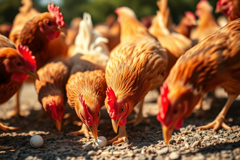 Capture a close-up shot of a flock of chickens pecking at the ground, with a shallow depth of field to blur the background, using a DSLR camera with a 50mm lens at f/2.8, ISO 200, and a shutter speed of 1/400s, in natural sunlight to enhance colors and textures.