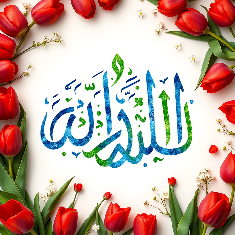 Create a high-resolution digital artwork of a floral Islamic calligraphy design featuring stylized Arabic letters in blue and green surrounded by red tulips and small white flowers, shot with a Canon EOS R5 at f/2.8, ISO 100, 50mm lens, utilizing a softbox lighting setup for an even glow.