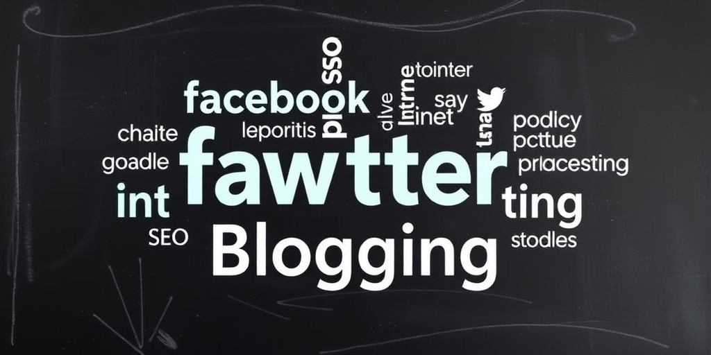 Create an image of a word cloud featuring terms like Facebook, Twitter, SEO, Internet Marketing, and Blogging on a chalkboard background, using a Canon EOS R5 camera, RF 24-105mm f/4L IS USM lens, f/5.6 aperture, ISO 100, and 1/60s shutter speed for enhanced clarity and rich colors, with a focused composition.