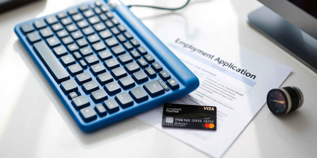 high-resolution image of a blue computer keyboard next to an employment application form and a credit card on a clean desk, natural lighting, macro view, DSLR camera, f/2.8 aperture, ISO 100, 1/60 sec shutter speed