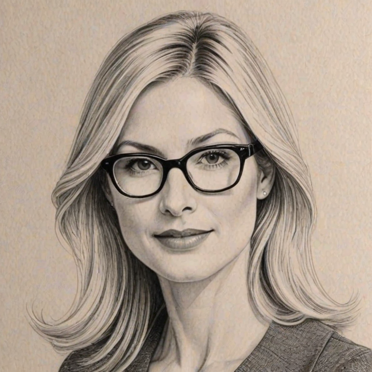 Stunning Kelly Rutherford, pencil sketch, portrait of Charming woman 1978s in glasses, hair style beatnik, outline, clear lines, fine lines, 8k