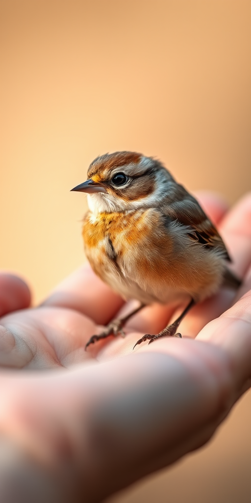 A close-up of a small bird resting in an open hand, captured with a Canon EOS 5D Mark IV, 85mm lens, f/2.8 aperture, ISO 200, soft natural lighting, shallow depth of field.