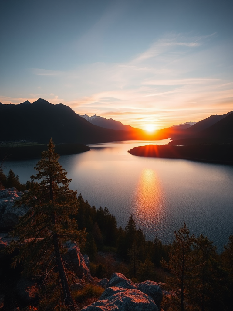Create a high-resolution image of a serene landscape featuring a sunset over a calm lake surrounded by mountains, using a DSLR camera with a 24mm lens, aperture set to f/8, ISO 100, capturing a wide-angle view with a soft focus for enhanced depth and clarity.