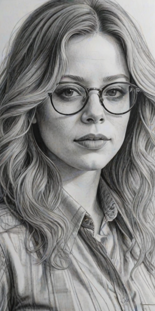 Resplendent Natasha Lyonne, pencil sketch, portrait of Gorgeous woman 1974s in glasses, hair style beatnik, outline, clear lines, fine lines, 8k
