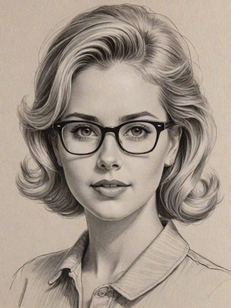 Fascinating Caroline Sunshine, pencil sketch, portrait of Radiant woman 1959s in glasses, hair style beatnik, outline, clear lines, fine lines, 8k