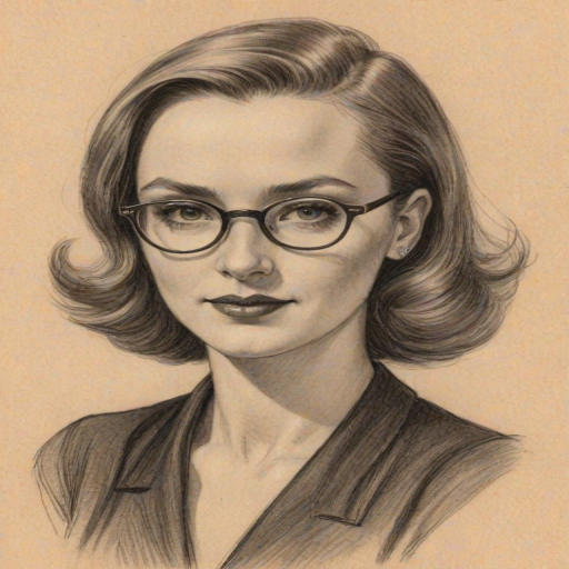 Charming Laura Innes, pencil sketch, portrait of Bewitching woman 1937s in glasses, hair style beatnik, outline, clear lines, fine lines, 8k