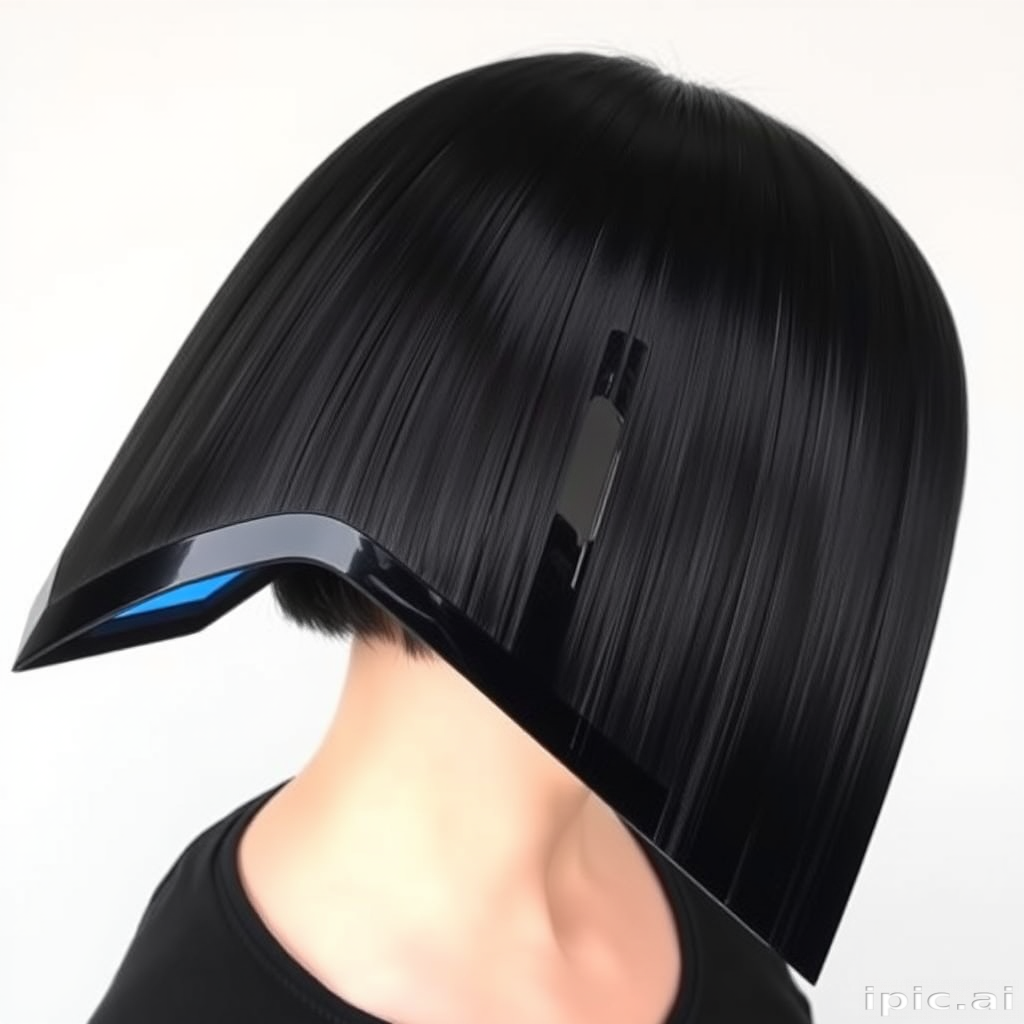Jet black geometric bob with sharp angles and a glossy finish, dubbed "Obsidian Edge," showcasing a precise, architectural shape and a single neon blue streak