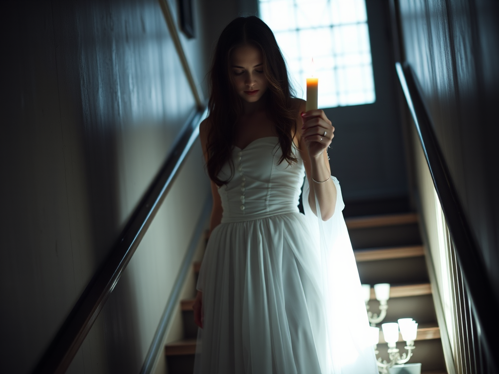 Create an ethereal image of a mysterious woman in a vintage white dress holding a candle on a dimly lit staircase with a soft focus, using a full-frame DSLR camera at f/1.8, ISO 400, shutter speed 1/60s, shot from a low angle in natural light.