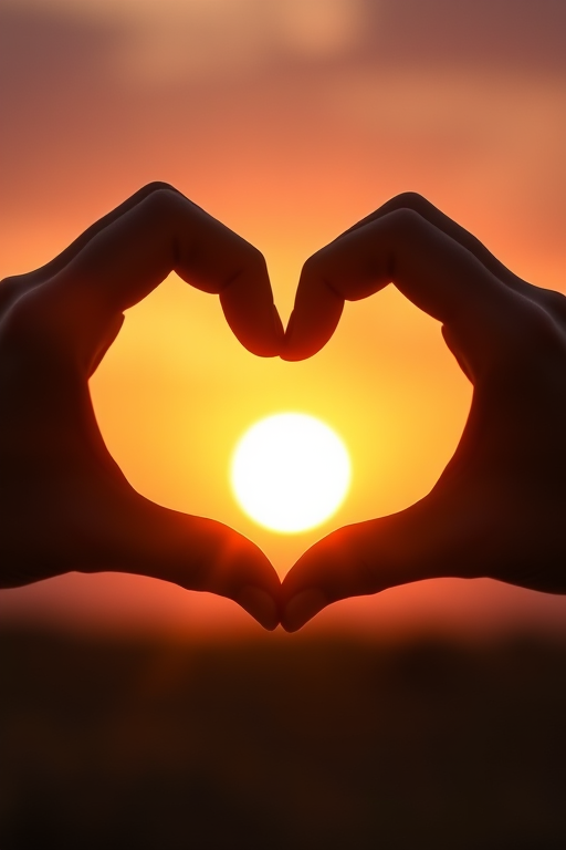 Create an image of two hands forming a heart shape against a sunset, with a soft focus effect to enhance warmth, using a DSLR camera with a 50mm lens, aperture f/1.8, ISO 200, shot at sunset from a low angle to capture silhouette details and vibrant colors.