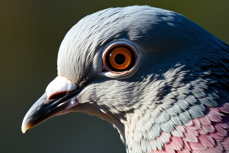 A close-up of a pigeon with a sharp focus on its eye, captured using a DSLR camera with a 50mm lens, aperture set to f/2.8, ISO 200, and a shallow depth of field, in natural light for enhanced detail and texture.