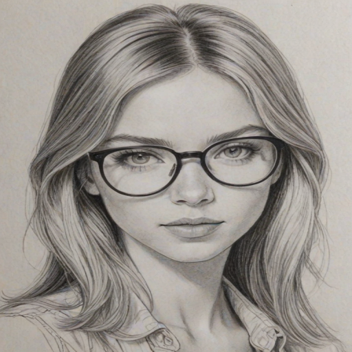 Elegant Sydney Sweeney, pencil sketch, portrait of Gorgeous woman 1979s in glasses, hair style beatnik, outline, clear lines, fine lines, 8k