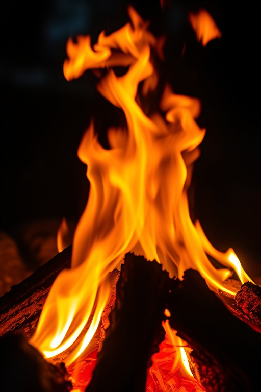 Capture a close-up of a roaring campfire with vibrant flames and glowing embers, using a DSLR camera with a 50mm lens at f/1.8, ISO 400, shutter speed 1/60s, shot in low light for enhanced detail and depth.