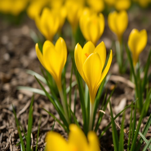 close-up of vibrant yellow crocus flowers blooming in a garden bed, shallow depth of field, natural sunlight, ISO 100, f/2.8, 50mm lens, DSLR camera, 4K resolution