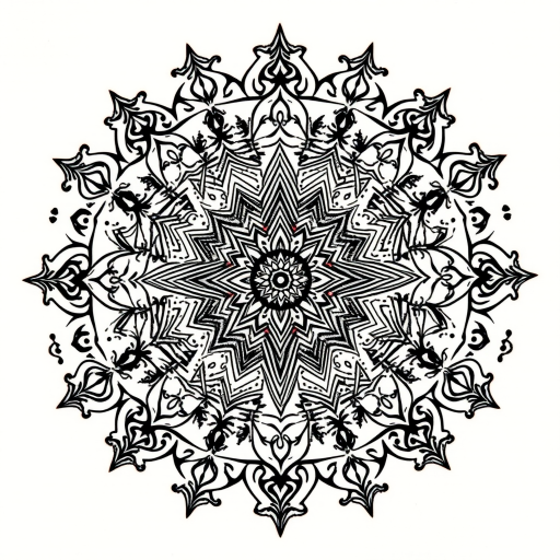 Ornamental dotwork mandala tattoo entitled "Sacred Geometry" showcasing intricate patterns and symmetrical designs inspired by ancient spiritual and mathematical concepts rendered entirely in precise dots of varying sizes and densities to create shading depth and texture incorporating sacred symbols and geometric shapes that radiate outward from a central focal point in perfect harmony and balance