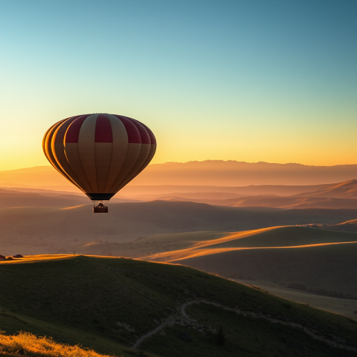 A serene landscape featuring a majestic hot air balloon soaring above rolling hills and valleys, captured with a Canon EOS R5, 50mm lens, f/2.8 aperture, ISO 100, at sunset for warm lighting and enhanced detail.