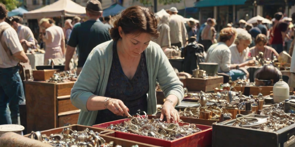 Busy flea market on a sunny day, a woman browses the stalls, her hands inspecting vintage trinkets and forgotten treasures as the crowd bustles around her.