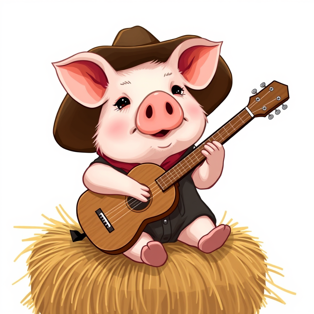 A chibi pig, dressed as a cowboy, playing guitar, sitting on a hay bale