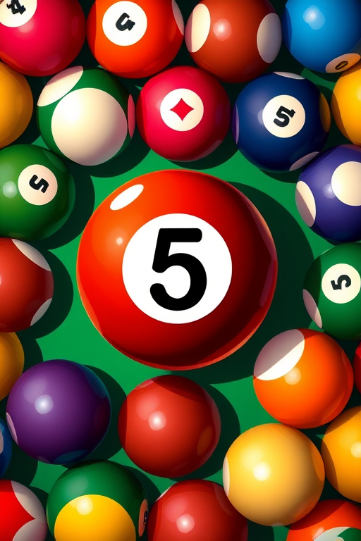 Create a vibrant illustration of a number 5 billiard ball in the center, surrounded by various colored balls, ensure high contrast and clarity, use a DSLR camera style with f/8 aperture, 50mm lens, ISO 100, and a top-down view for detailed texture and colors.