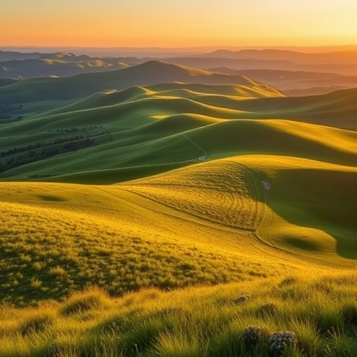 Generate a vibrant landscape image of rolling hills with lush green grass and gentle curves, captured with a Canon EOS R5 at f/8, ISO 100, 1/200 sec, shot from a high vantage point using a wide-angle lens for a sweeping view of the terrain during golden hour.