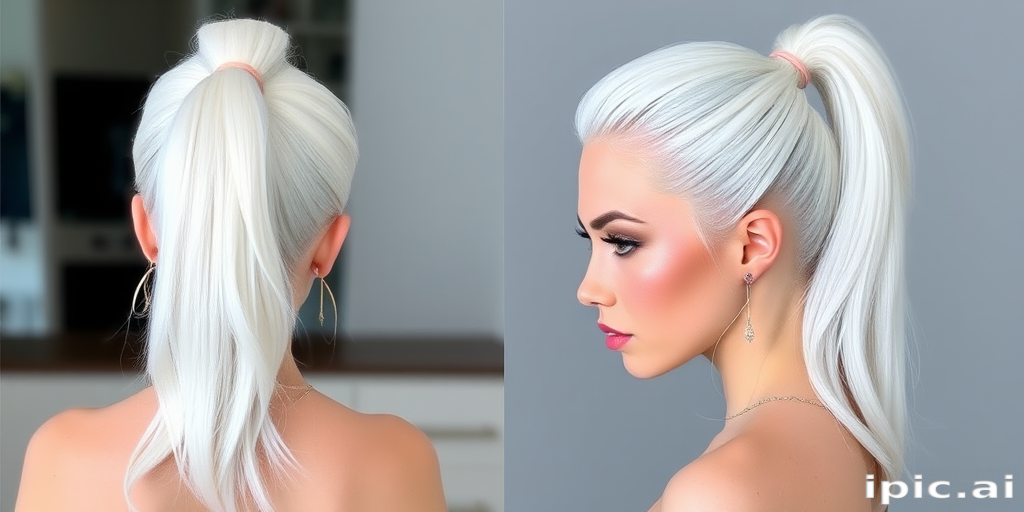 Icy white hair styled in a sleek, high ponytail called "Arctic Queen," features a glass-like shine and razor-sharp edges, with baby hairs artfully laid to frame the face, exuding an air of regal elegance and modern sophistication