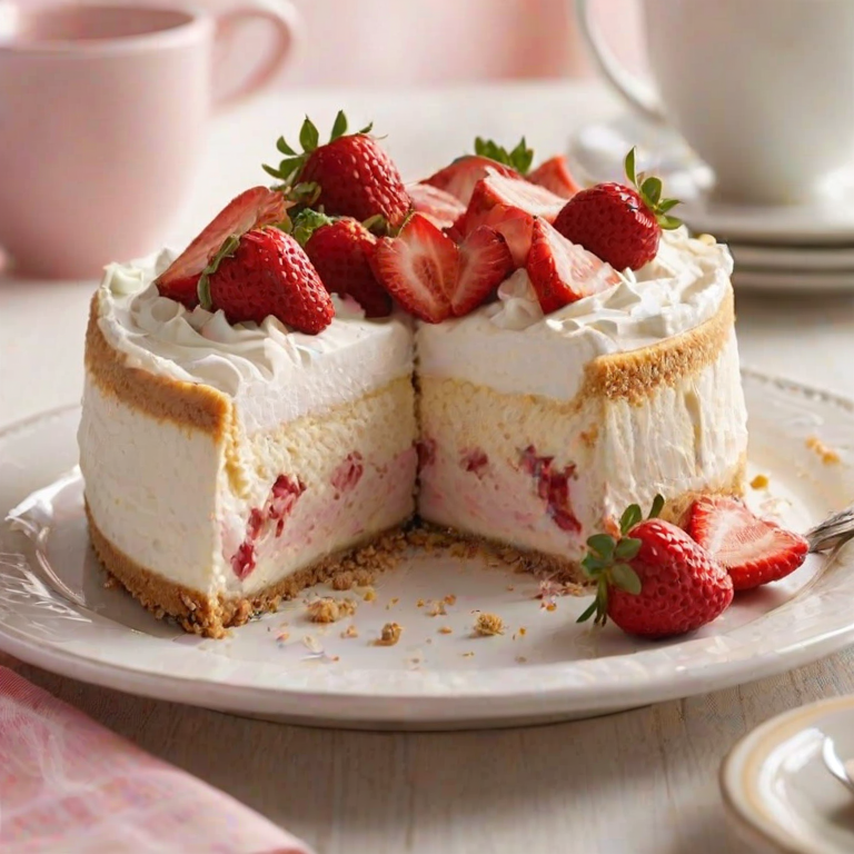 Create a visually appealing image of a layered strawberry cheesecake. The cheesecake should have distinct layers of creamy white and pink filling, topped with fresh strawberries, whipped cream, and a crumbly topping. The setting should be a light-colored plate with additional strawberries arranged around the cake. Aim for a bright and inviting presentation.