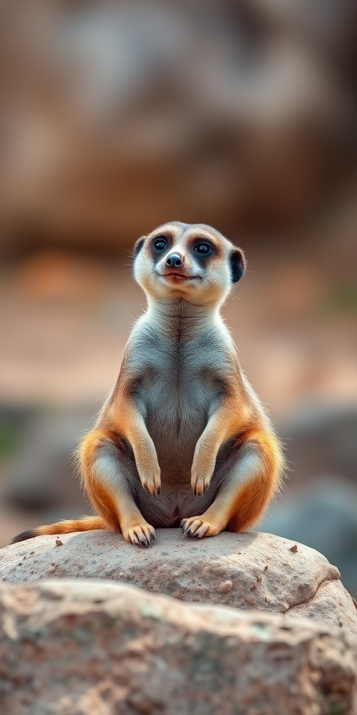 capture a meerkat sitting on a rock with a shallow depth of field, f/2.8 aperture, 50mm lens, ISO 200, soft natural lighting, portrait orientation, DSLR camera