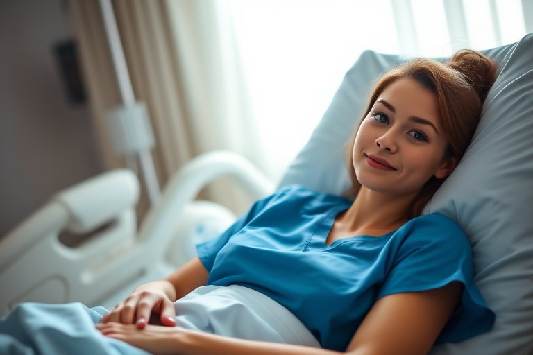 portrait of a young woman in a hospital bed wearing a blue medical scrubs, soft natural lighting, depth of field focus, 50mm lens, f/2.8 aperture, ISO 200, shot from eye level, high dynamic range, shallow depth of field